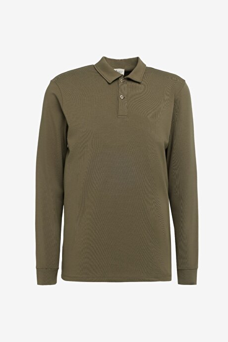 Pamuklu Slim Fit Dar Kesim Polo Yaka Uzun Kollu Esnek Haki Uzun Kollu Tişört resmi