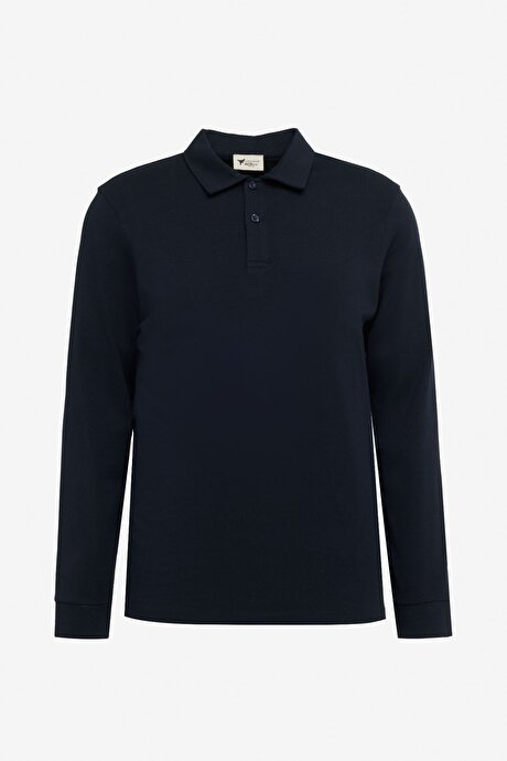 Pamuklu Slim Fit Dar Kesim Polo Yaka Uzun Kollu Esnek Lacivert Uzun Kollu Tişört resmi