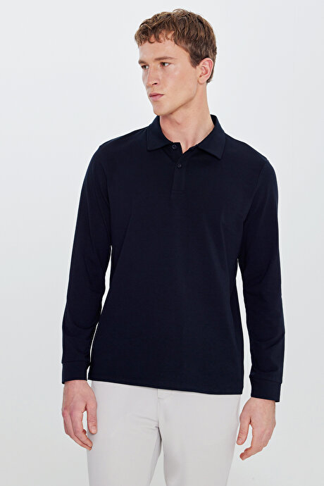Pamuklu Slim Fit Dar Kesim Polo Yaka Uzun Kollu Esnek Lacivert Uzun Kollu Tişört resmi