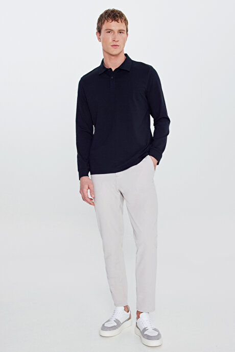 Pamuklu Slim Fit Dar Kesim Polo Yaka Uzun Kollu Esnek Lacivert Uzun Kollu Tişört resmi