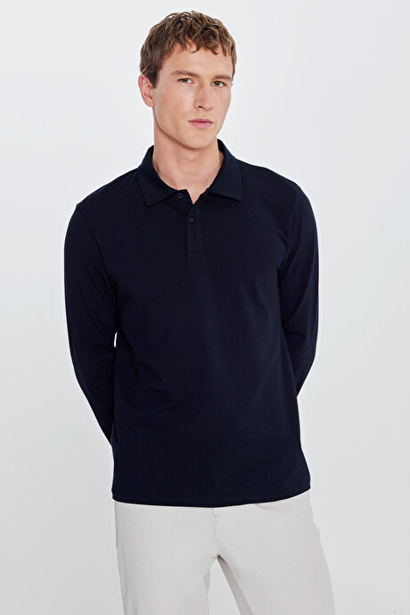 Pamuklu Slim Fit Dar Kesim Polo Yaka Uzun Kollu Esnek Lacivert Uzun Kollu Tişört resmi