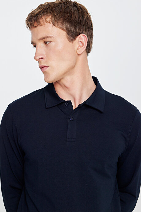 Pamuklu Slim Fit Dar Kesim Polo Yaka Uzun Kollu Esnek Lacivert Uzun Kollu Tişört resmi