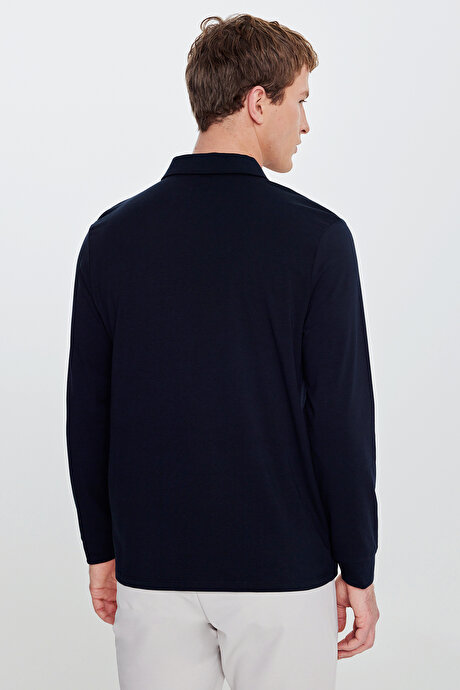 Pamuklu Slim Fit Dar Kesim Polo Yaka Uzun Kollu Esnek Lacivert Uzun Kollu Tişört resmi