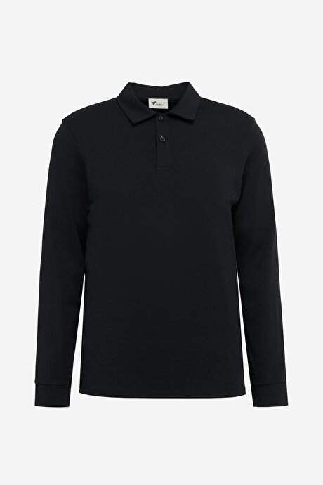 Pamuklu Slim Fit Dar Kesim Polo Yaka Uzun Kollu Esnek Siyah Uzun Kollu Tişört resmi
