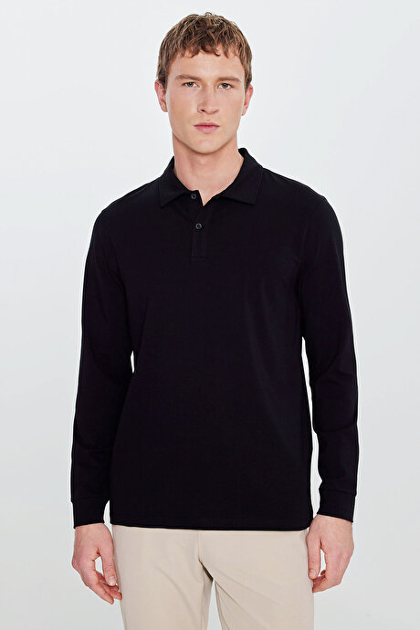 Pamuklu Slim Fit Dar Kesim Polo Yaka Uzun Kollu Esnek Siyah Uzun Kollu Tişört resmi