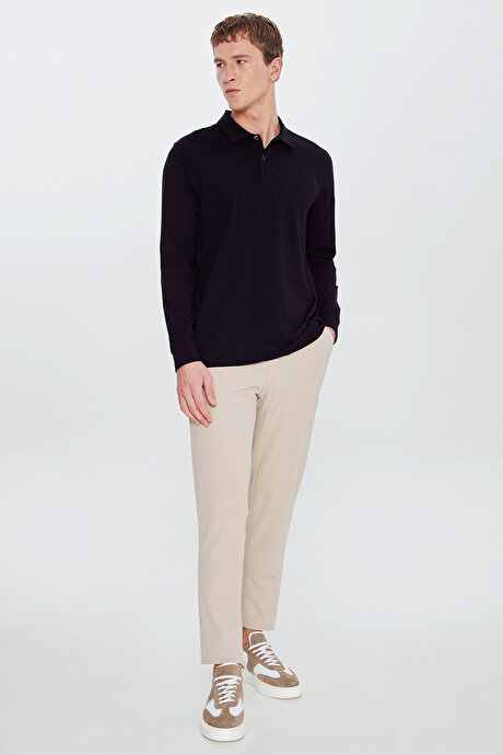 Pamuklu Slim Fit Dar Kesim Polo Yaka Uzun Kollu Esnek Siyah Uzun Kollu Tişört resmi