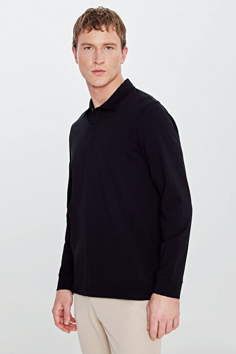 Pamuklu Slim Fit Dar Kesim Polo Yaka Uzun Kollu Esnek Siyah Uzun Kollu Tişört resmi