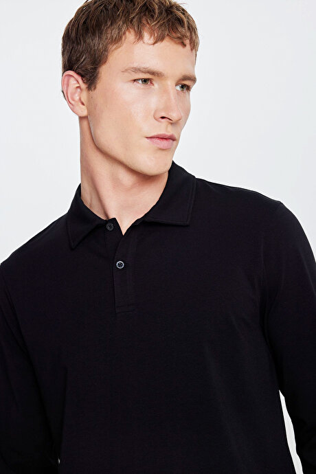Pamuklu Slim Fit Dar Kesim Polo Yaka Uzun Kollu Esnek Siyah Uzun Kollu Tişört resmi