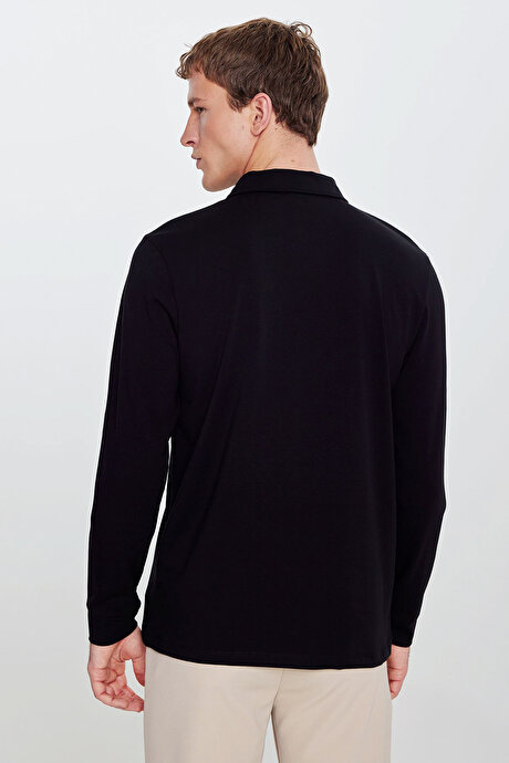 Pamuklu Slim Fit Dar Kesim Polo Yaka Uzun Kollu Esnek Siyah Uzun Kollu Tişört resmi