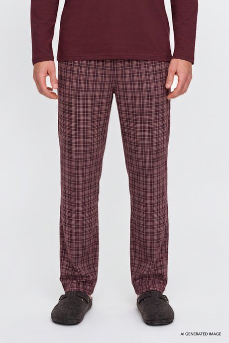 %100 Pamuk Standart Fit Normal Kesim Hakim Yaka Desenli Cepli Bordo Pijama Takımı resmi
