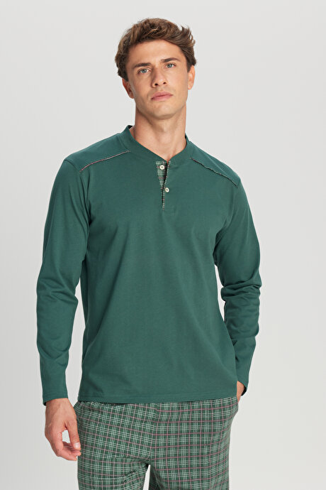 %100 Pamuk Standart Fit Normal Kesim Hakim Yaka Desenli Cepli Haki Pijama Takımı resmi