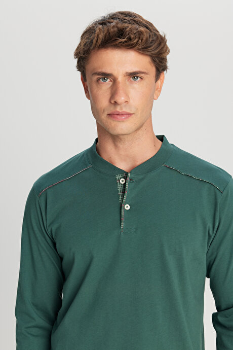 %100 Pamuk Standart Fit Normal Kesim Hakim Yaka Desenli Cepli Haki Pijama Takımı resmi