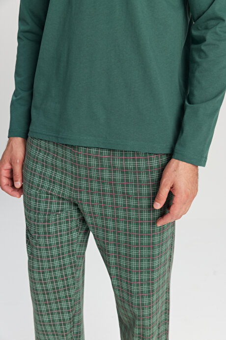 %100 Pamuk Standart Fit Normal Kesim Hakim Yaka Desenli Cepli Haki Pijama Takımı resmi