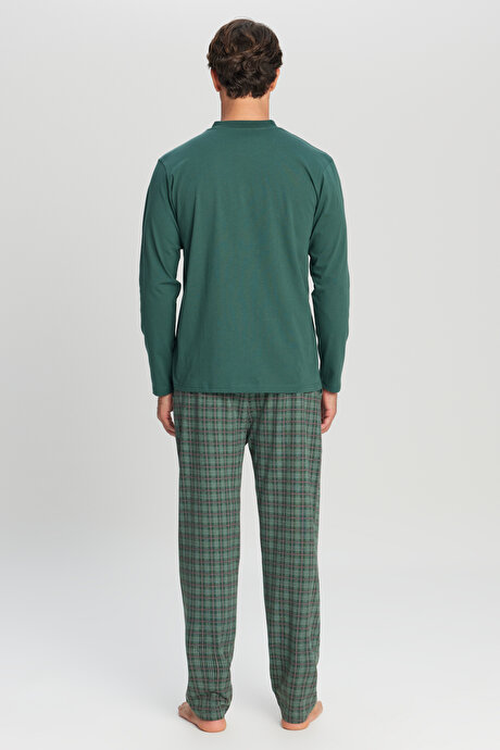%100 Pamuk Standart Fit Normal Kesim Hakim Yaka Desenli Cepli Haki Pijama Takımı resmi