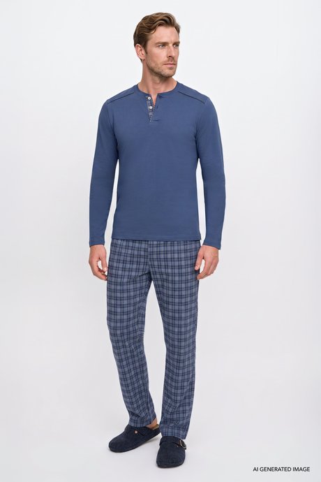 %100 Pamuk Standart Fit Normal Kesim Hakim Yaka Desenli Cepli İndigo Pijama Takımı resmi