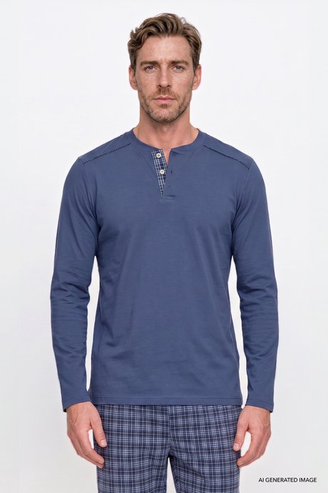 %100 Pamuk Standart Fit Normal Kesim Hakim Yaka Desenli Cepli İndigo Pijama Takımı resmi