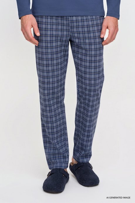 %100 Pamuk Standart Fit Normal Kesim Hakim Yaka Desenli Cepli İndigo Pijama Takımı resmi