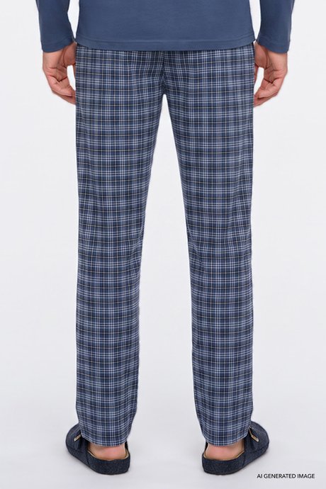 %100 Pamuk Standart Fit Normal Kesim Hakim Yaka Desenli Cepli İndigo Pijama Takımı resmi