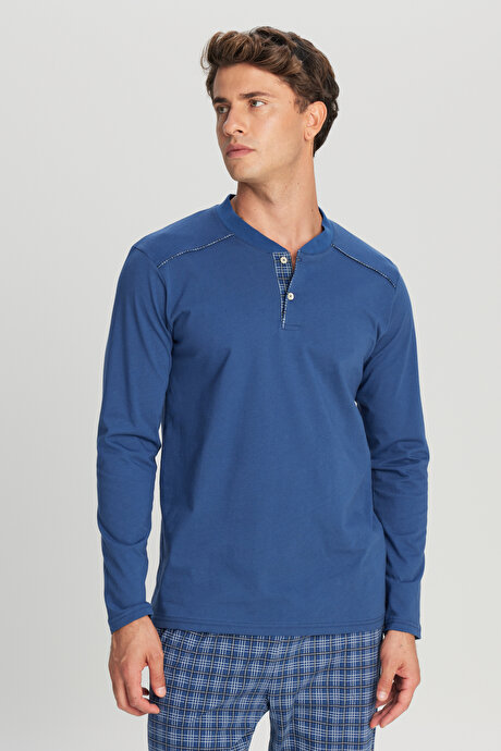 %100 Pamuk Standart Fit Normal Kesim Hakim Yaka Desenli Cepli İndigo Pijama Takımı resmi