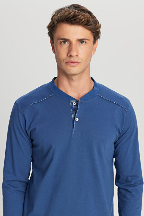 %100 Pamuk Standart Fit Normal Kesim Hakim Yaka Desenli Cepli İndigo Pijama Takımı resmi