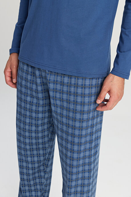 %100 Pamuk Standart Fit Normal Kesim Hakim Yaka Desenli Cepli İndigo Pijama Takımı resmi
