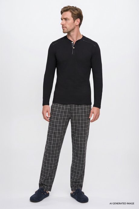 %100 Pamuk Standart Fit Normal Kesim Hakim Yaka Desenli Cepli Siyah Pijama Takımı resmi