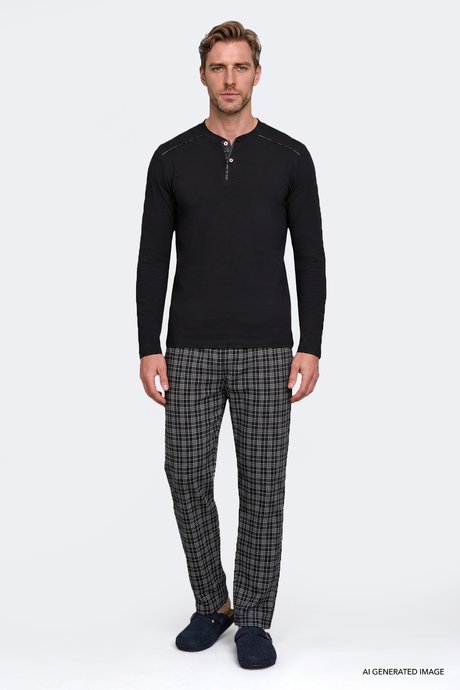 %100 Pamuk Standart Fit Normal Kesim Hakim Yaka Desenli Cepli Siyah Pijama Takımı resmi