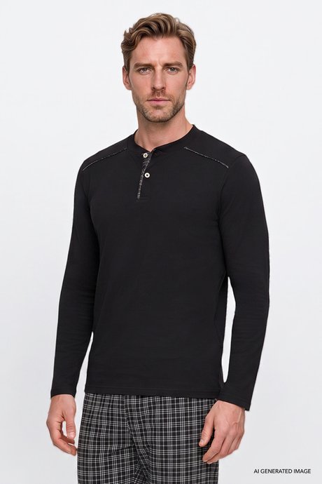 %100 Pamuk Standart Fit Normal Kesim Hakim Yaka Desenli Cepli Siyah Pijama Takımı resmi