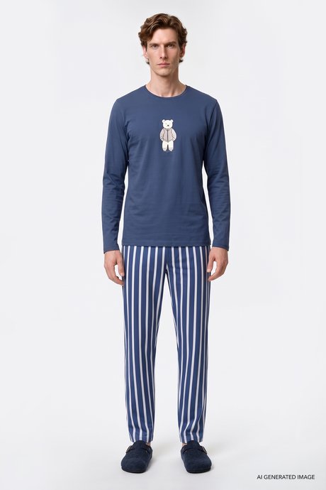2'li %100 Pamuk Yumuşak Dokulu Standart Fit Bisiklet Yaka Yan Cepli Çizgili İndigo Pijama Takımı resmi