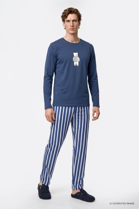 2'li %100 Pamuk Yumuşak Dokulu Standart Fit Bisiklet Yaka Yan Cepli Çizgili İndigo Pijama Takımı resmi