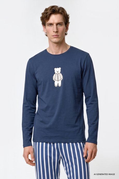2'li %100 Pamuk Yumuşak Dokulu Standart Fit Bisiklet Yaka Yan Cepli Çizgili İndigo Pijama Takımı resmi