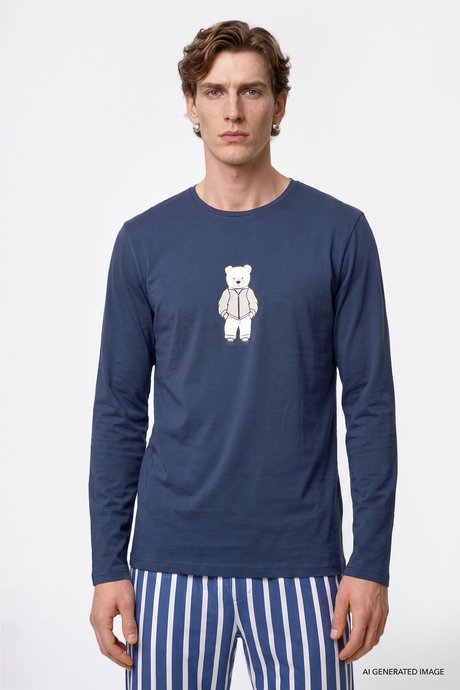 2'li %100 Pamuk Yumuşak Dokulu Standart Fit Bisiklet Yaka Yan Cepli Çizgili İndigo Pijama Takımı resmi