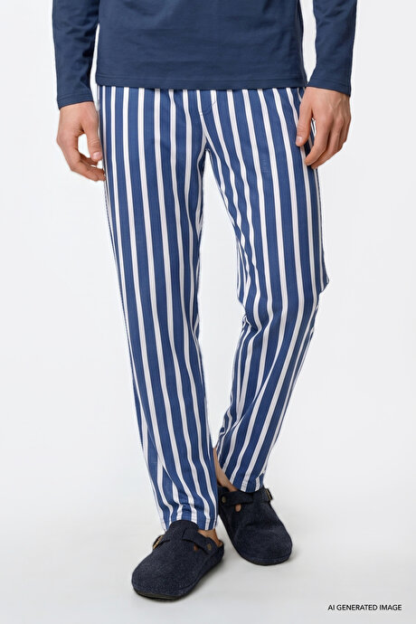 2'li %100 Pamuk Yumuşak Dokulu Standart Fit Bisiklet Yaka Yan Cepli Çizgili İndigo Pijama Takımı resmi