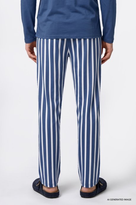 2'li %100 Pamuk Yumuşak Dokulu Standart Fit Bisiklet Yaka Yan Cepli Çizgili İndigo Pijama Takımı resmi