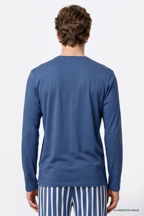 2'li %100 Pamuk Yumuşak Dokulu Standart Fit Bisiklet Yaka Yan Cepli Çizgili İndigo Pijama Takımı resmi