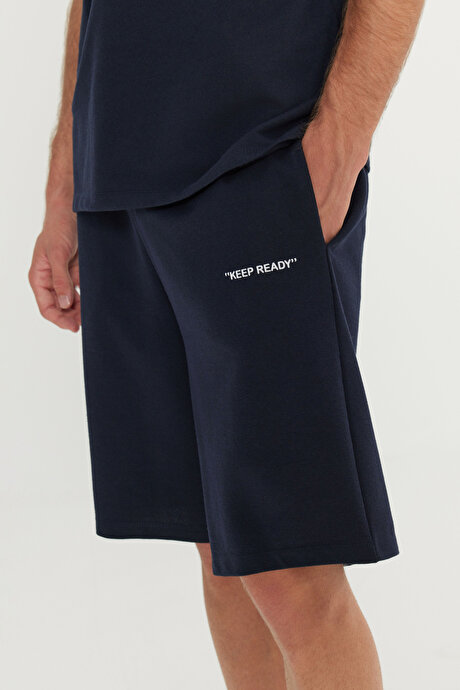 Pamuklu Comfort Fit Rahat Kesim Baskılı Beli Bağlamalı Yan Cep Lacivert Eşofman Takımı resmi