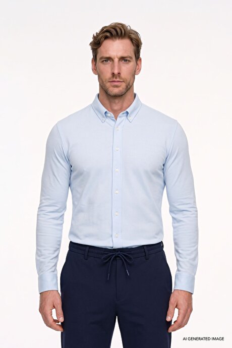 Pamuklu Tailored Slim Fit Dar Kesim Düğmeli Yaka Örme Açık Mavi Gömlek resmi