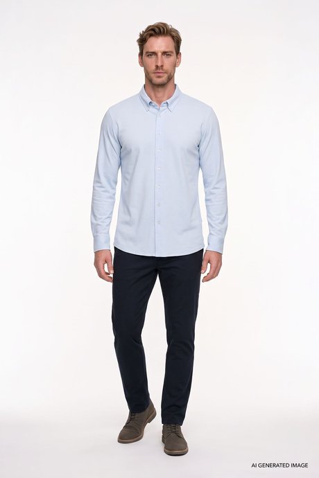 Pamuklu Tailored Slim Fit Dar Kesim Düğmeli Yaka Örme Açık Mavi Gömlek resmi