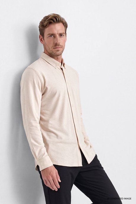 Pamuklu Tailored Slim Fit Dar Kesim Düğmeli Yaka Örme Bej Gömlek resmi