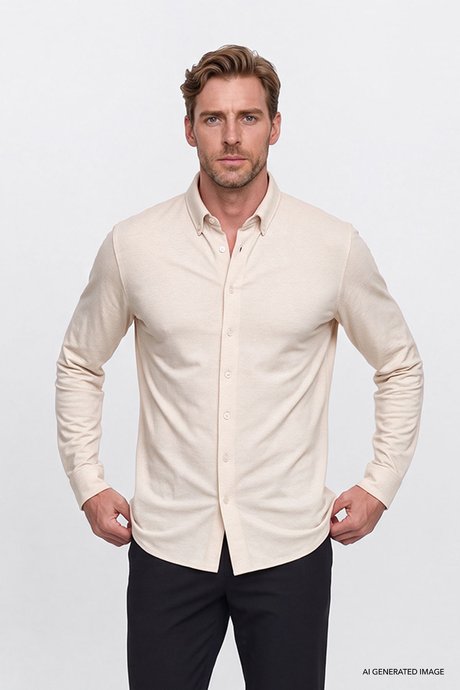 Pamuklu Tailored Slim Fit Dar Kesim Düğmeli Yaka Örme Bej Gömlek resmi