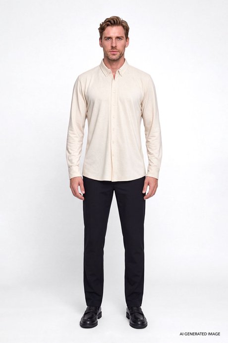 Pamuklu Tailored Slim Fit Dar Kesim Düğmeli Yaka Örme Bej Gömlek resmi