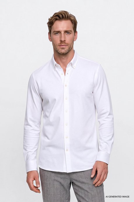 Pamuklu Tailored Slim Fit Dar Kesim Düğmeli Yaka Örme Beyaz Gömlek resmi