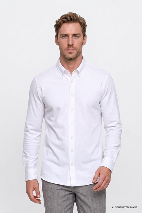 Pamuklu Tailored Slim Fit Dar Kesim Düğmeli Yaka Örme Beyaz Gömlek resmi