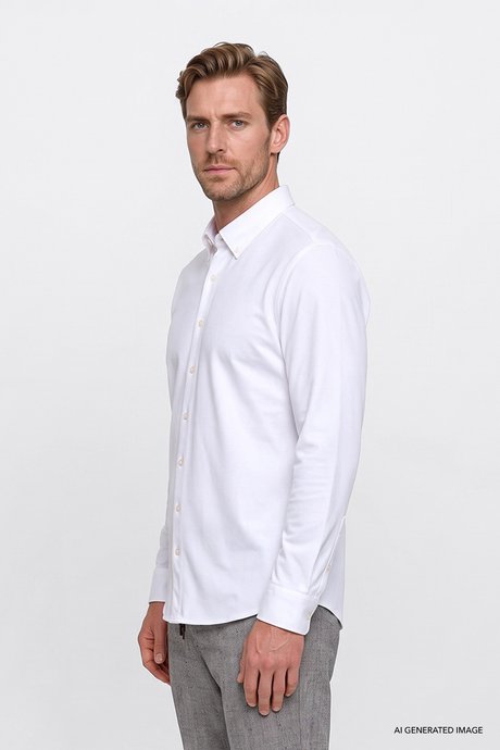 Pamuklu Tailored Slim Fit Dar Kesim Düğmeli Yaka Örme Beyaz Gömlek resmi