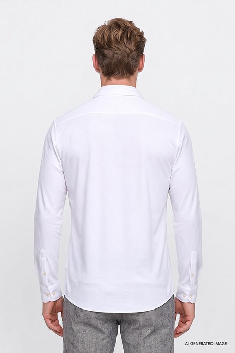 Pamuklu Tailored Slim Fit Dar Kesim Düğmeli Yaka Örme Beyaz Gömlek resmi