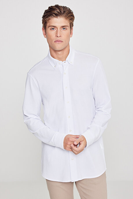 Pamuklu Tailored Slim Fit Dar Kesim Düğmeli Yaka Örme Beyaz Gömlek resmi