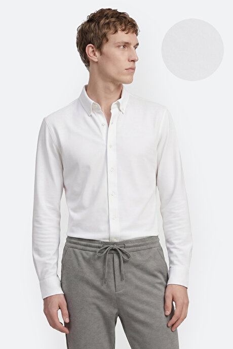 Pamuklu Tailored Slim Fit Dar Kesim Düğmeli Yaka Örme Beyaz Gömlek resmi