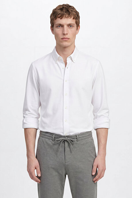 Pamuklu Tailored Slim Fit Dar Kesim Düğmeli Yaka Örme Beyaz Gömlek resmi