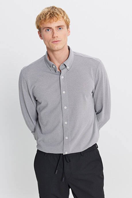 Pamuklu Tailored Slim Fit Dar Kesim Düğmeli Yaka Örme Gri Gömlek resmi