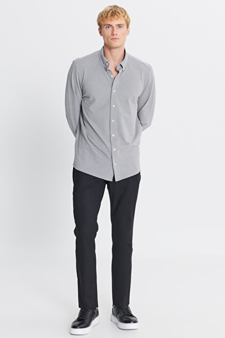 Pamuklu Tailored Slim Fit Dar Kesim Düğmeli Yaka Örme Gri Gömlek resmi